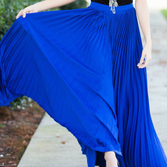 blue pleated maxi skirt